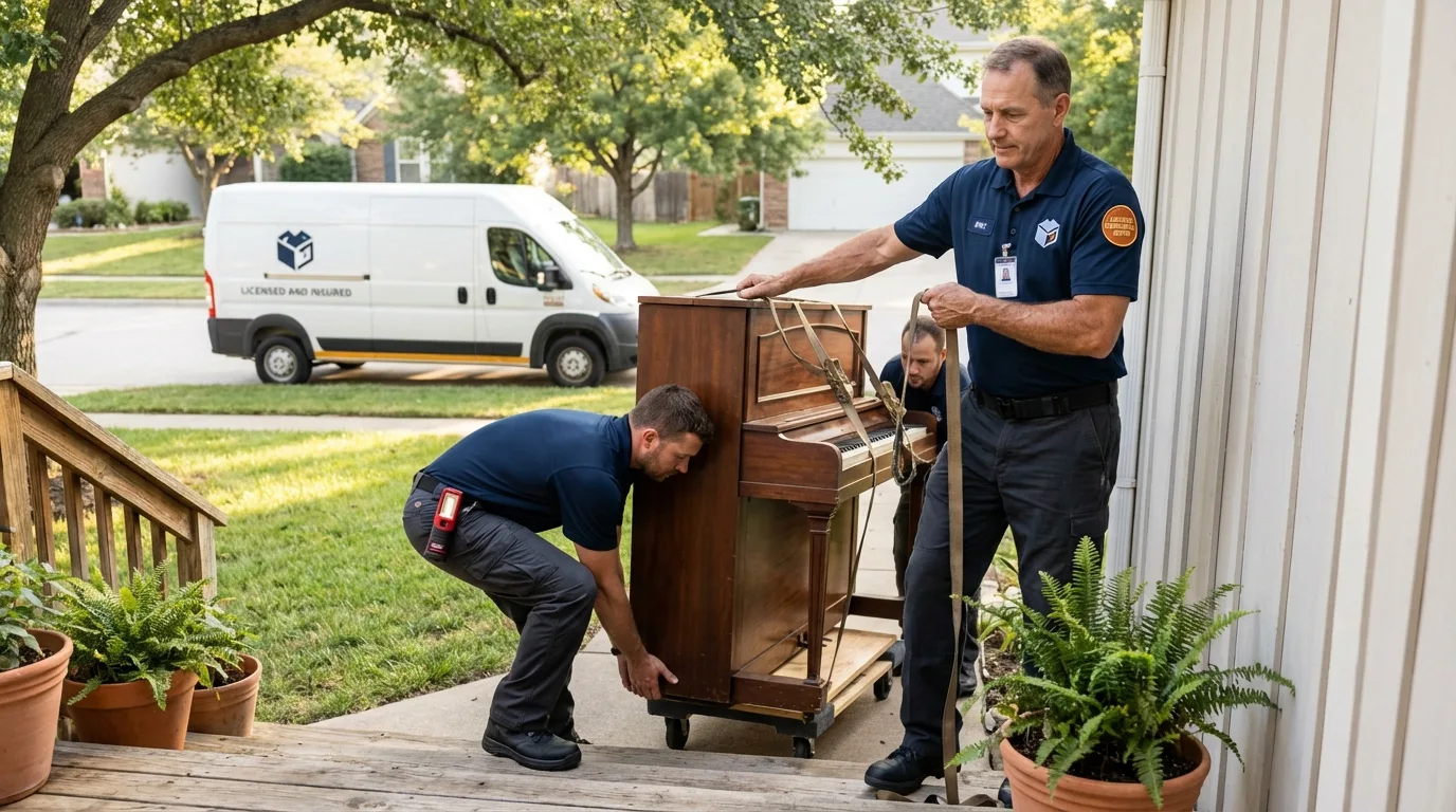 Licensed piano movers securing grand piano in Jamestown, RI