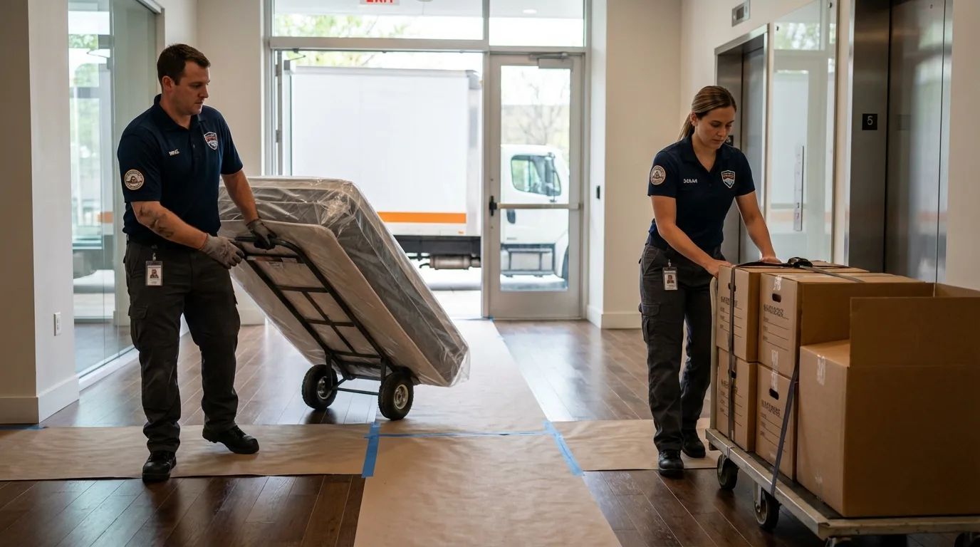 Professional apartment movers loading elevator in Jamestown, RI