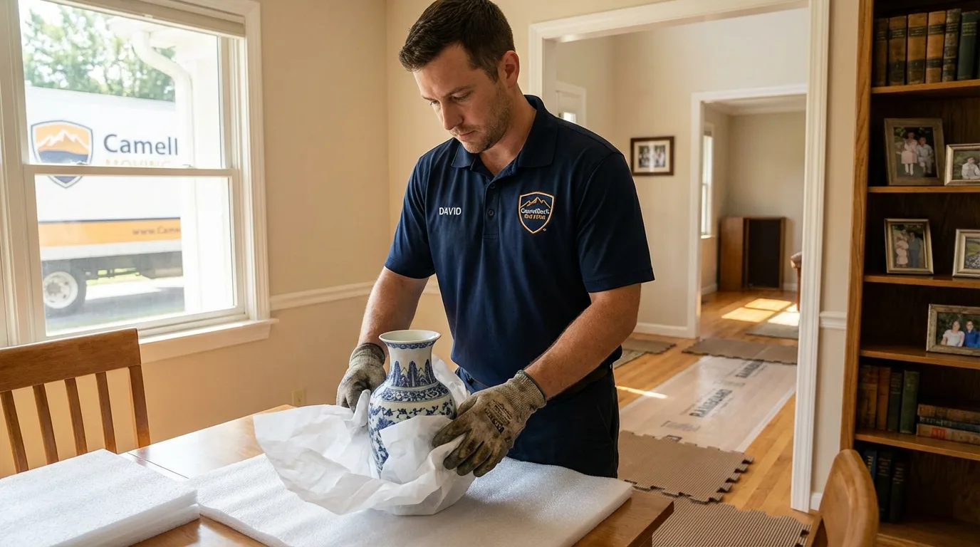 Professional crew carefully wrapping antique vase for senior downsizing move in Jamestown, RI