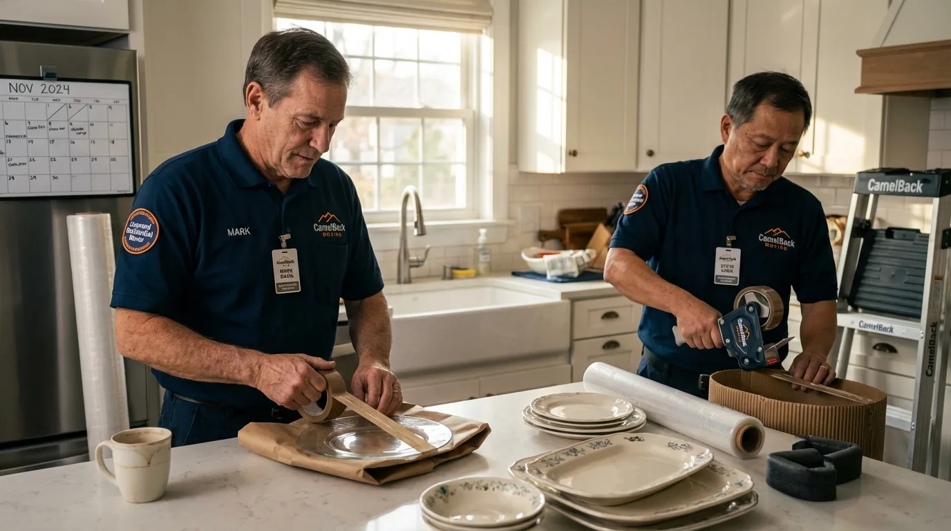 Professional crew packing kitchen dishware in Jamestown, RI